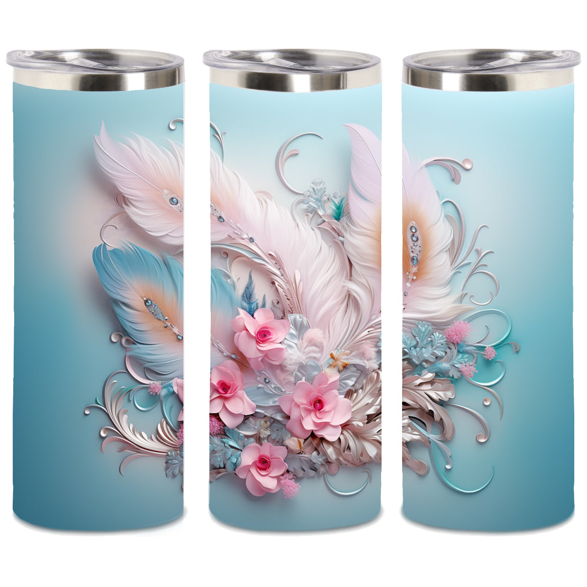 Edelstahl-Thermobecher metallic - Federn und Blumen -