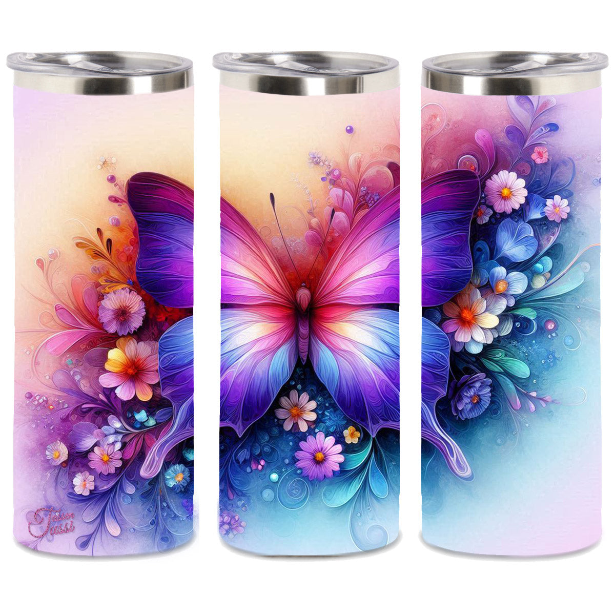Edelstahl-Thermobecher metallic - 3D Violett Schmetterling