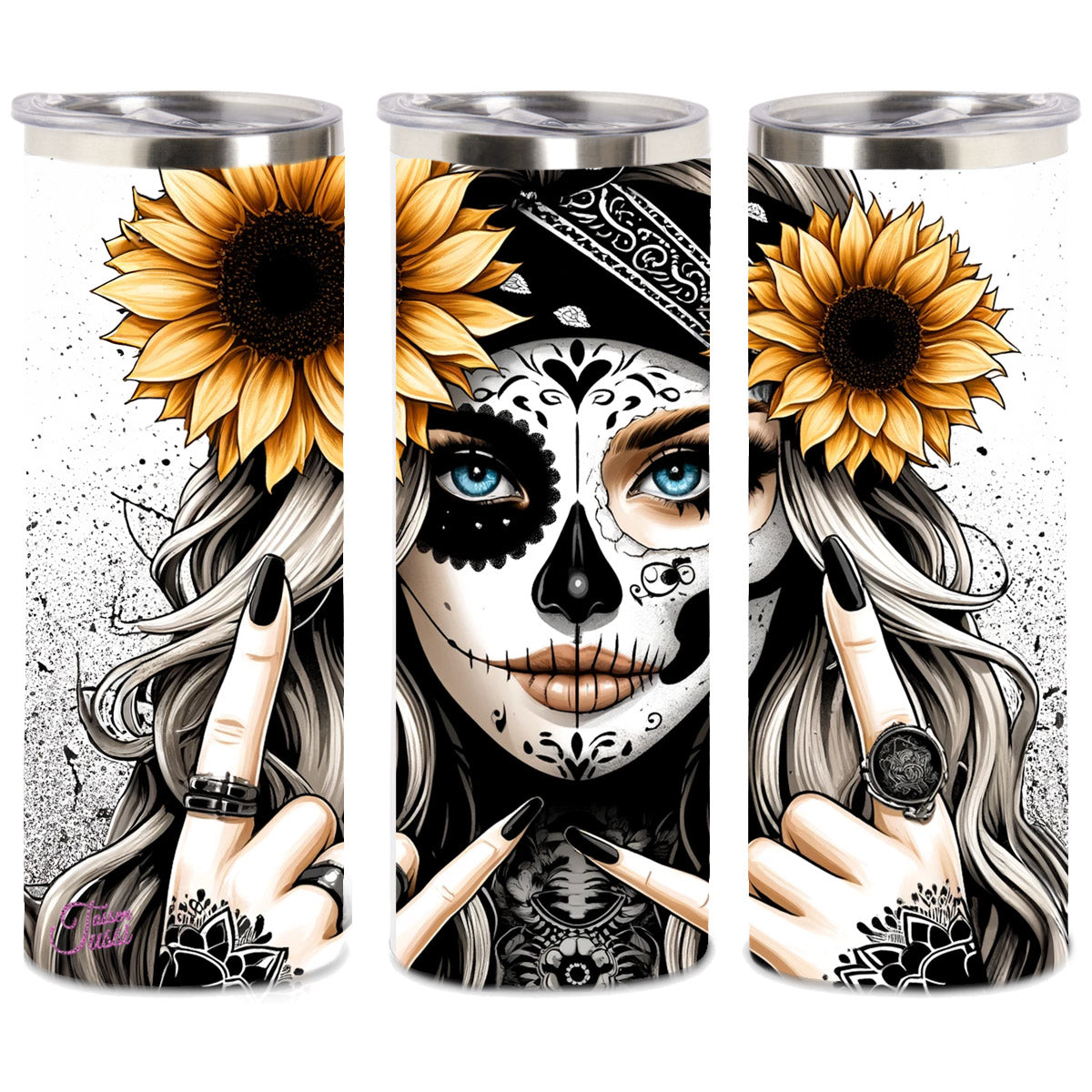 Edelstahl-Thermobecher metallic - Skull Woman Black & White Sunflower