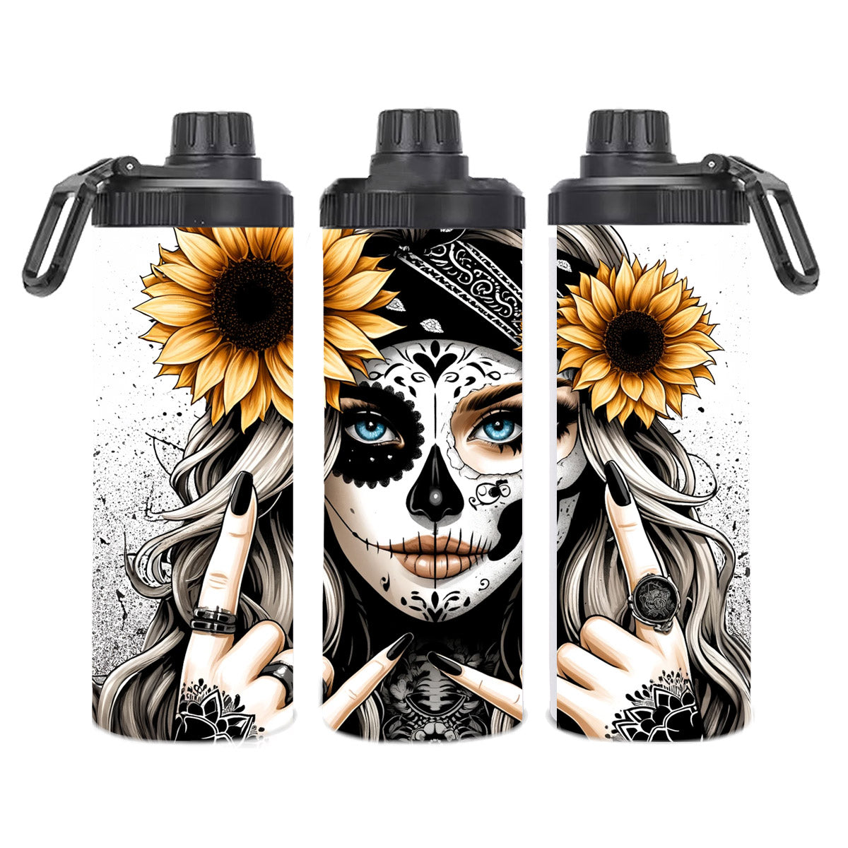 Edelstahl-Thermobecher metallic - Skull Woman Black & White Sunflower