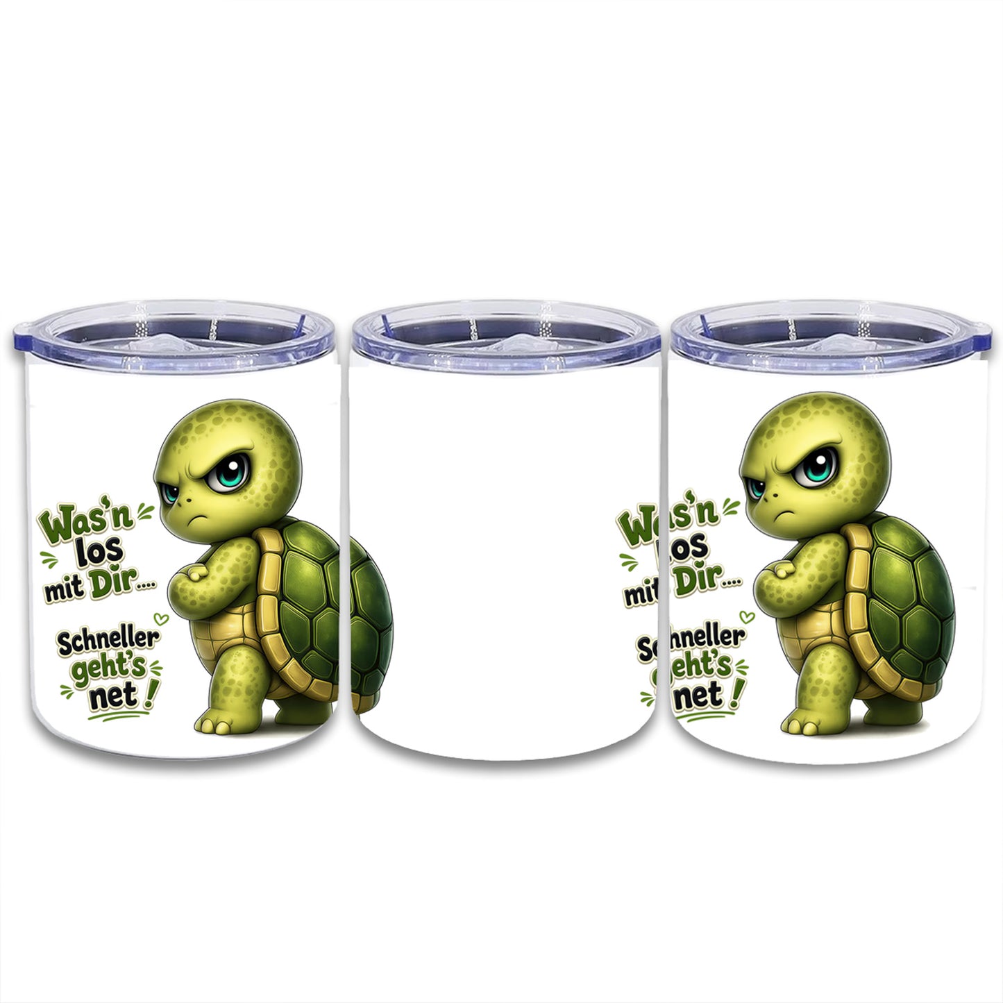 Edelstahl Thermokaffeebecher - Schildkröte mit Spruch – Was'n los mit Dir.... Schneller geht's net!