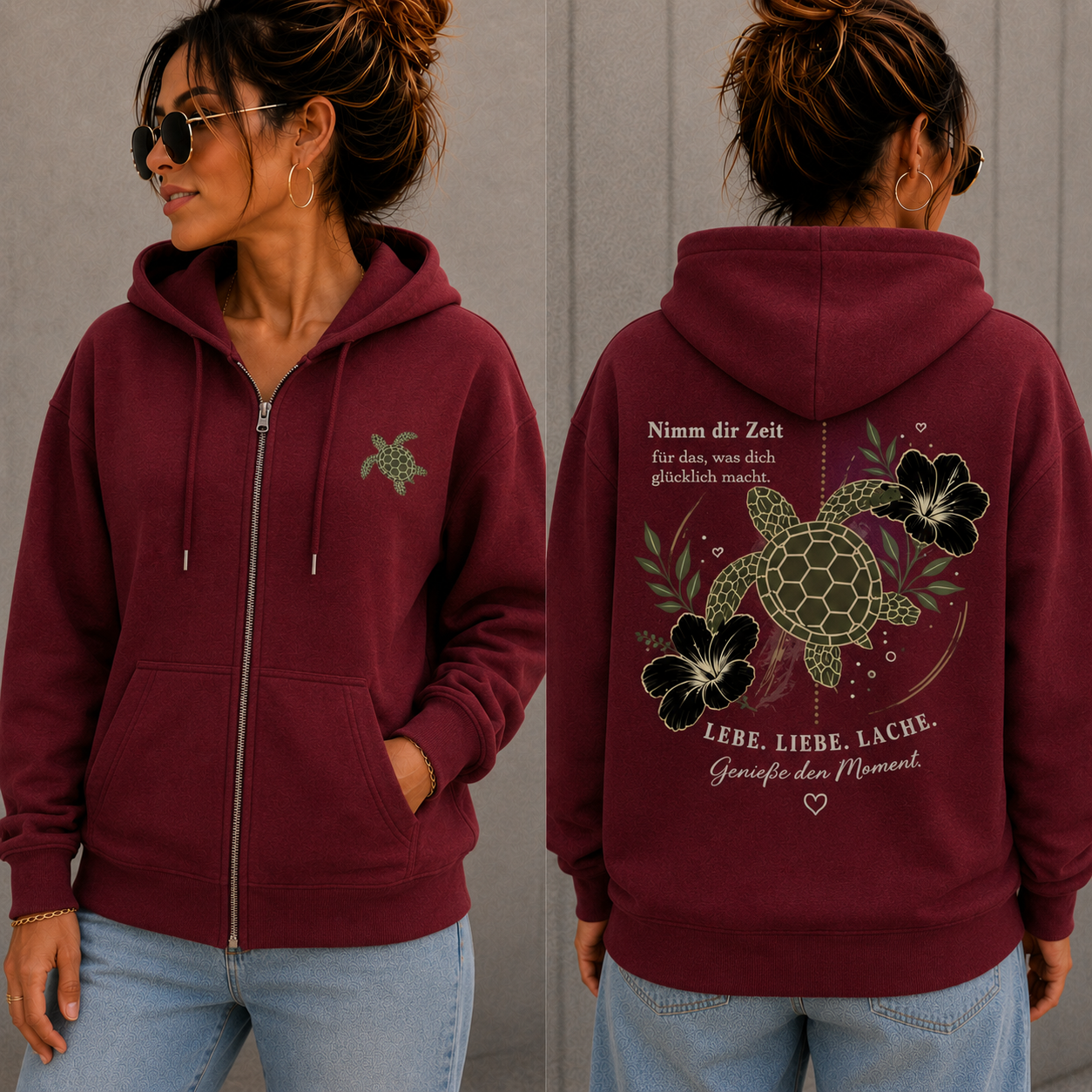 Statement Zip Hoodie Schildkröte Nimm dir Zeit... Frontprint & Backprint | Unisex