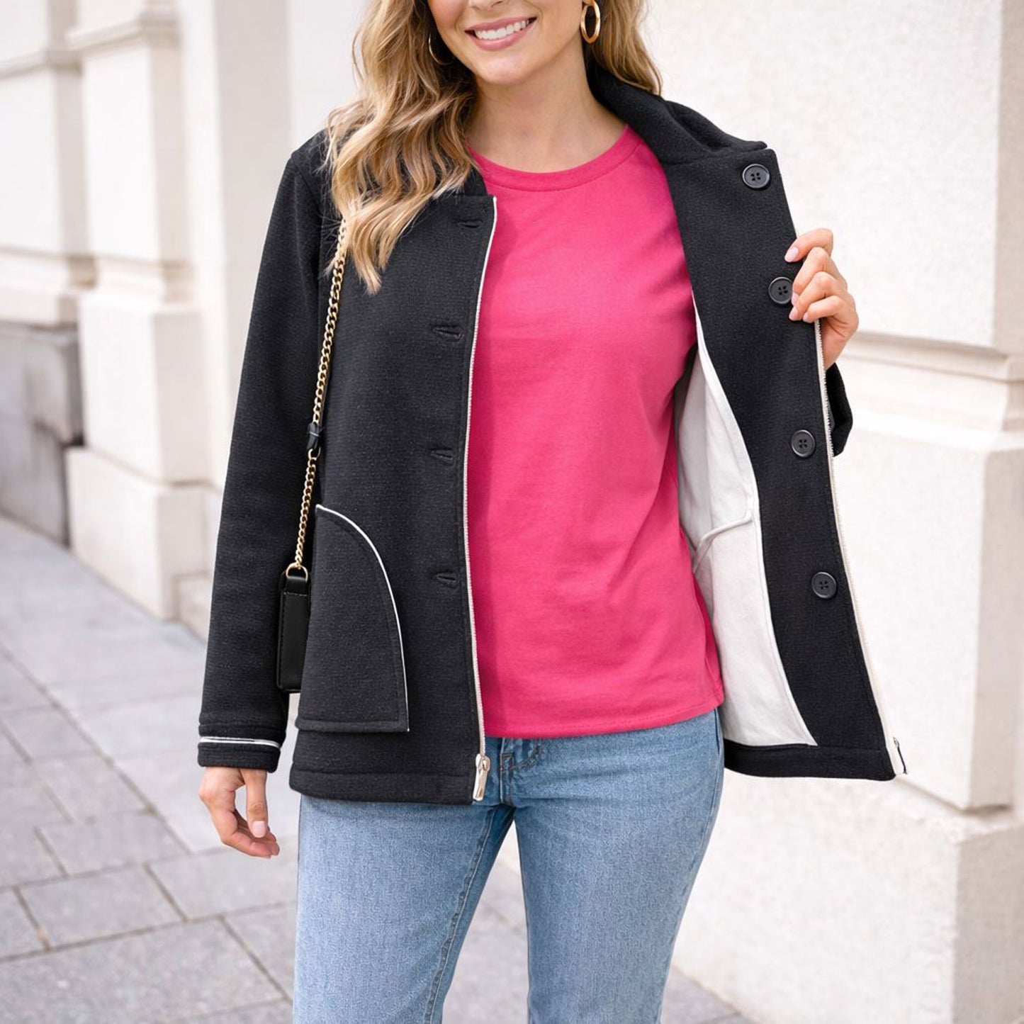 Jacke Stoff Übergangsjacke Schwarz Tragbar bis Größe 42 /44