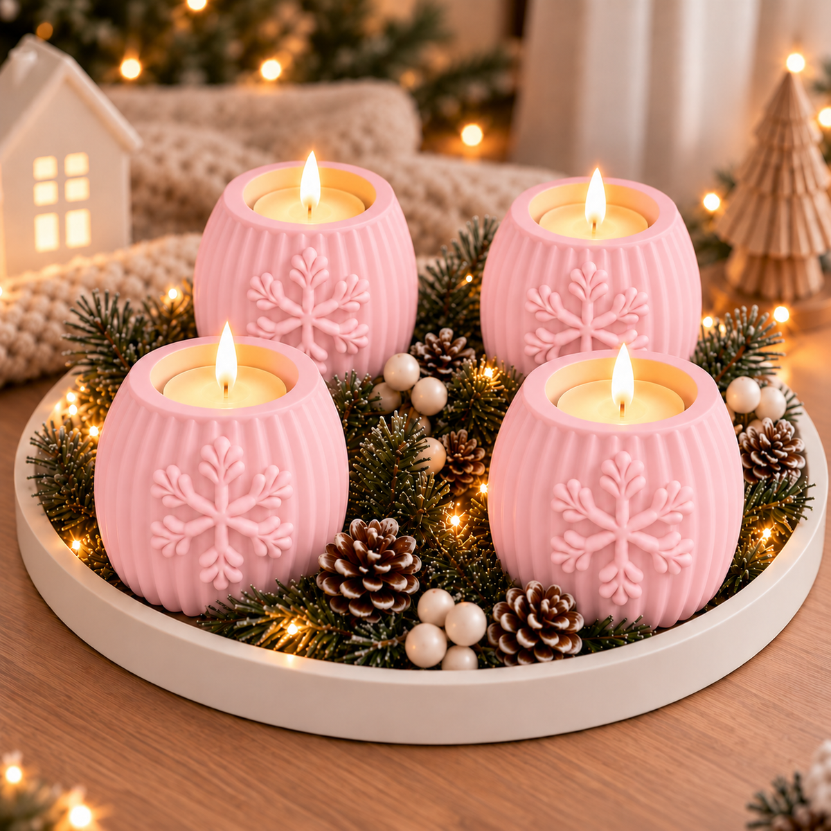 Adventsset Schneeflocke – 4 Stumpenkerzenhüllen & Dekoteller