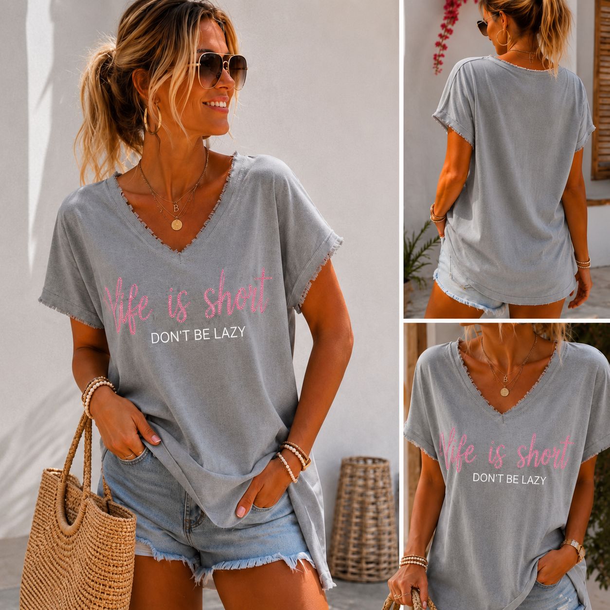 Heike- Lässiges Shirt Life is short Strass.. - Tragbar von Größe 38 - 44/46