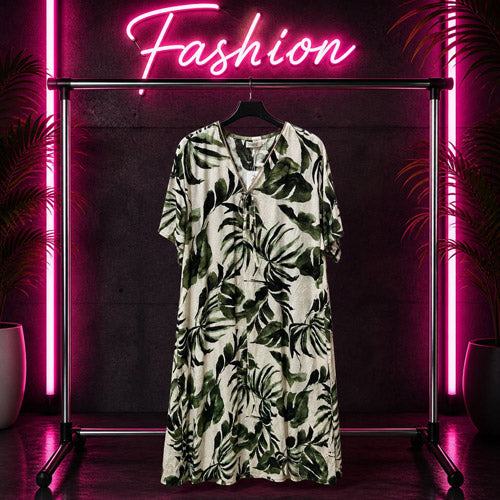 Damen Maxikleid mit Blätterprint Größe 40-48 – langes Sommerkleid aus Viskose-Mix