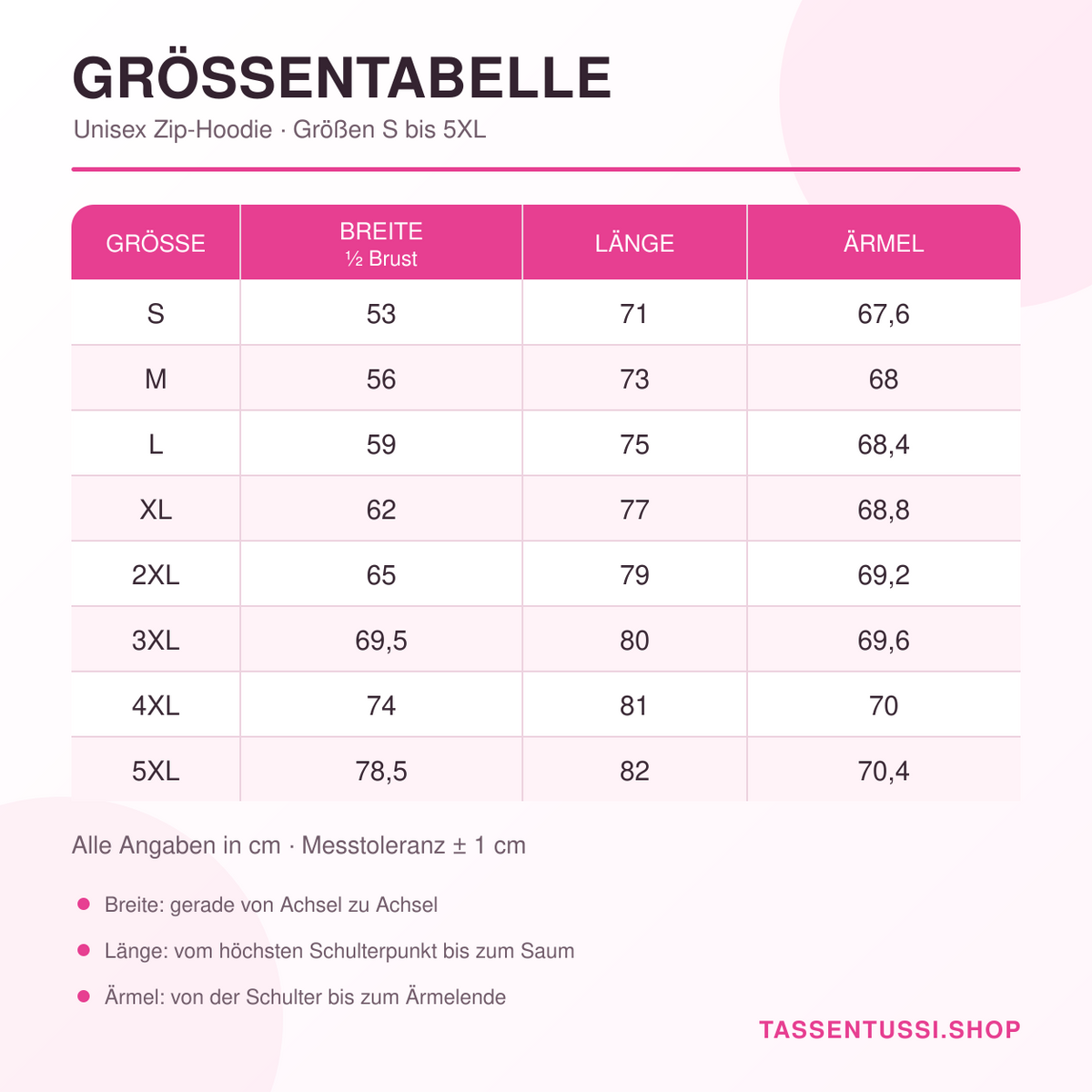 Größentabelle für den Tassentussi Unisex Zip-Hoodie in den Größen S bis 5XL