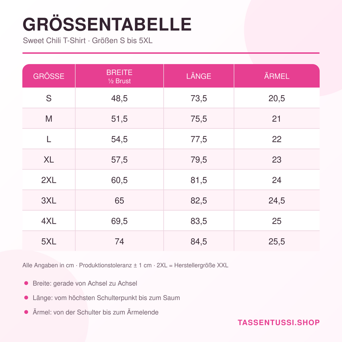 Größentabelle für das Sweet-Chili-T-Shirt: Breite, Länge und Ärmel in S bis 5XL