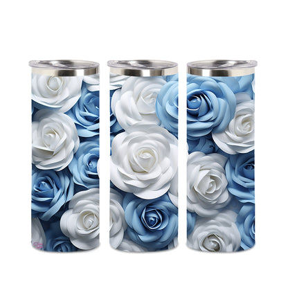 Edelstahl-Thermobecher - Blau-weiße Rosen 3D