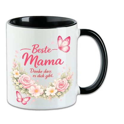 Beste Mama Tasse in Schwarz mit floralem Druck