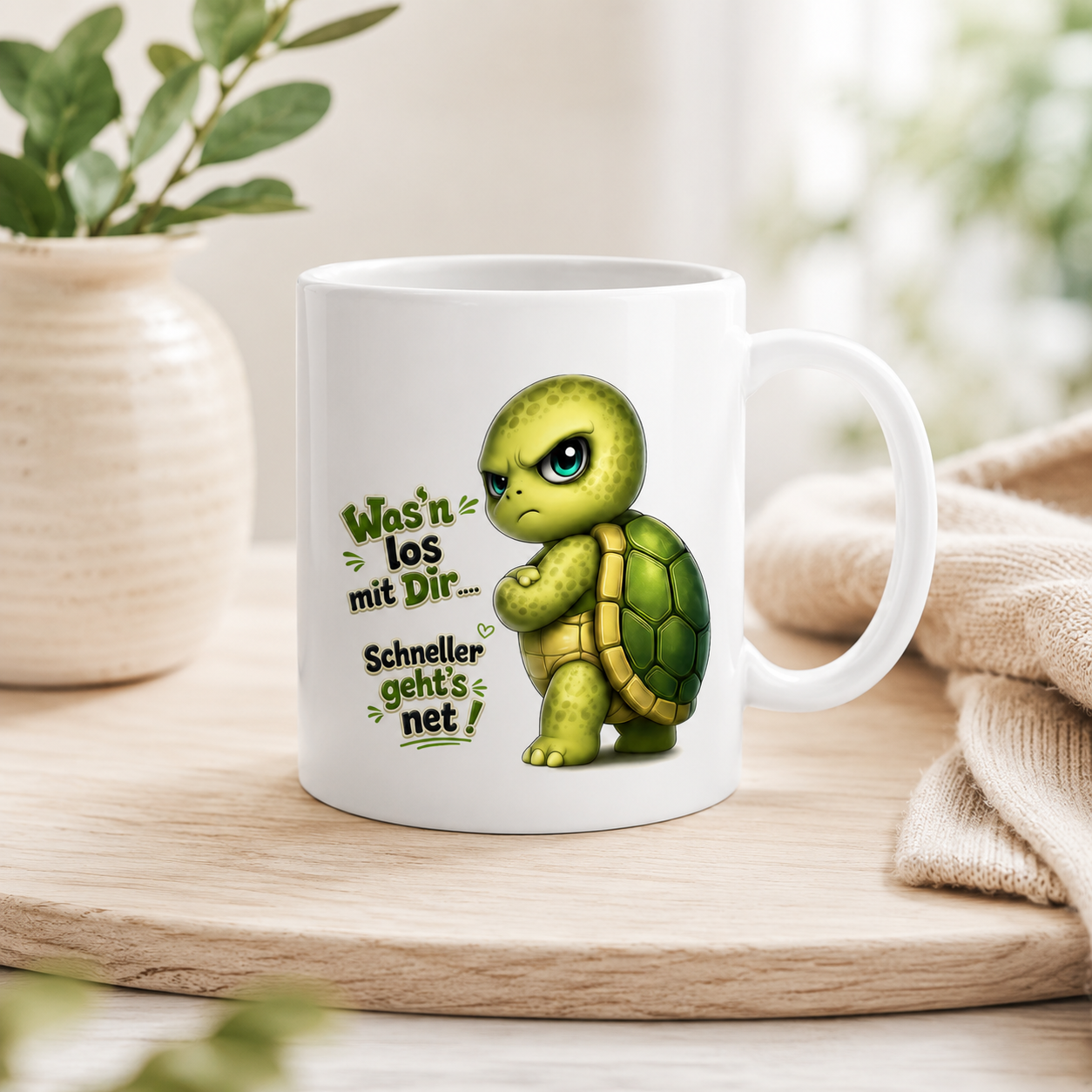 Fun Tasse Schildkröte mit Spruch – Was'n los mit Dir.... Schneller geht's net!