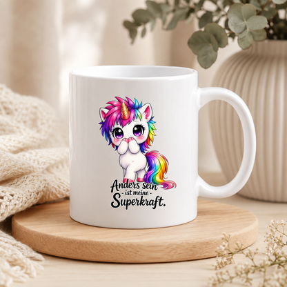 Einhorn Tasse mit Spruch – Anders sein ist meine Superkraft