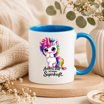 Einhorn Tasse mit Spruch – Anders sein ist meine Superkraft