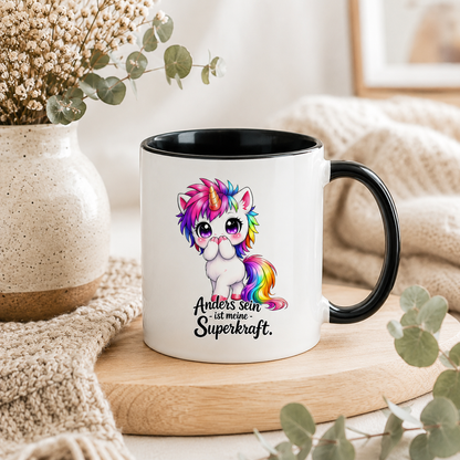 Einhorn Tasse mit Spruch – Anders sein ist meine Superkraft