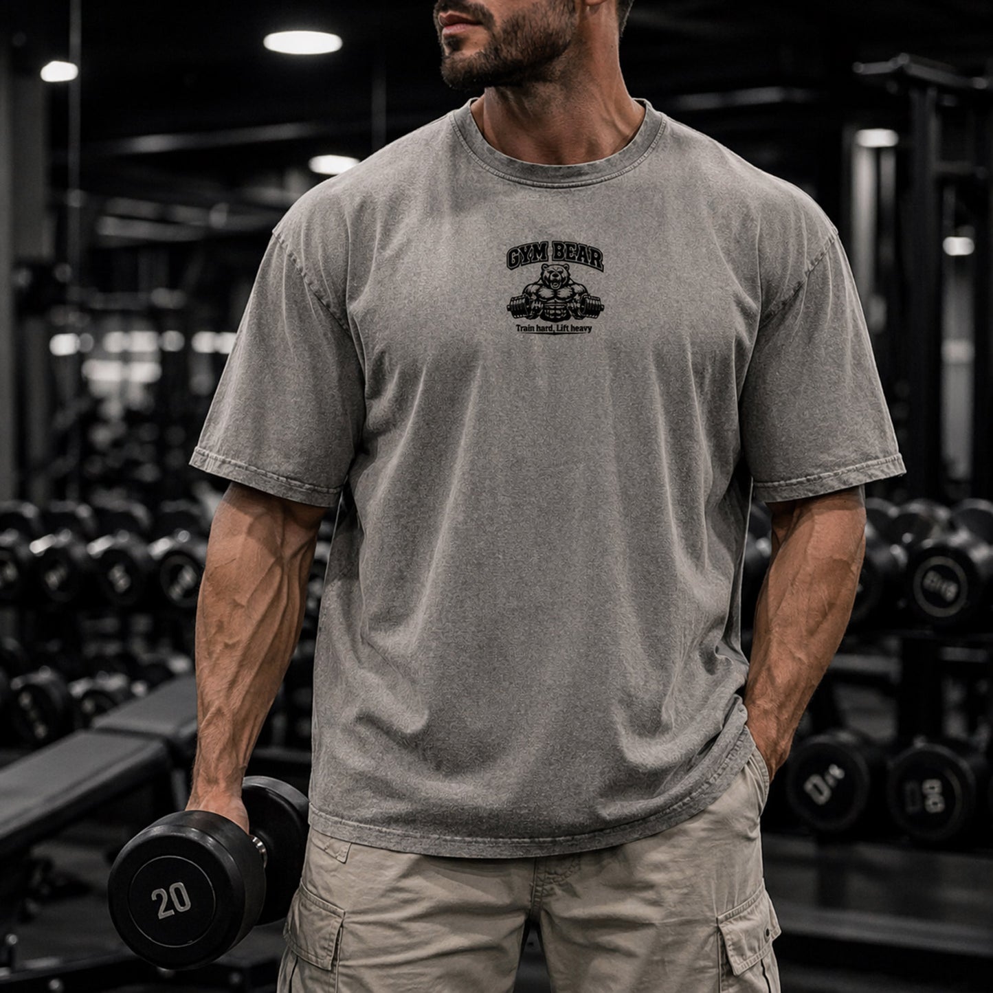 GYM BEAR Heavy Oversized Shirt – Herren Fitness T-Shirt im Acid Washed Look