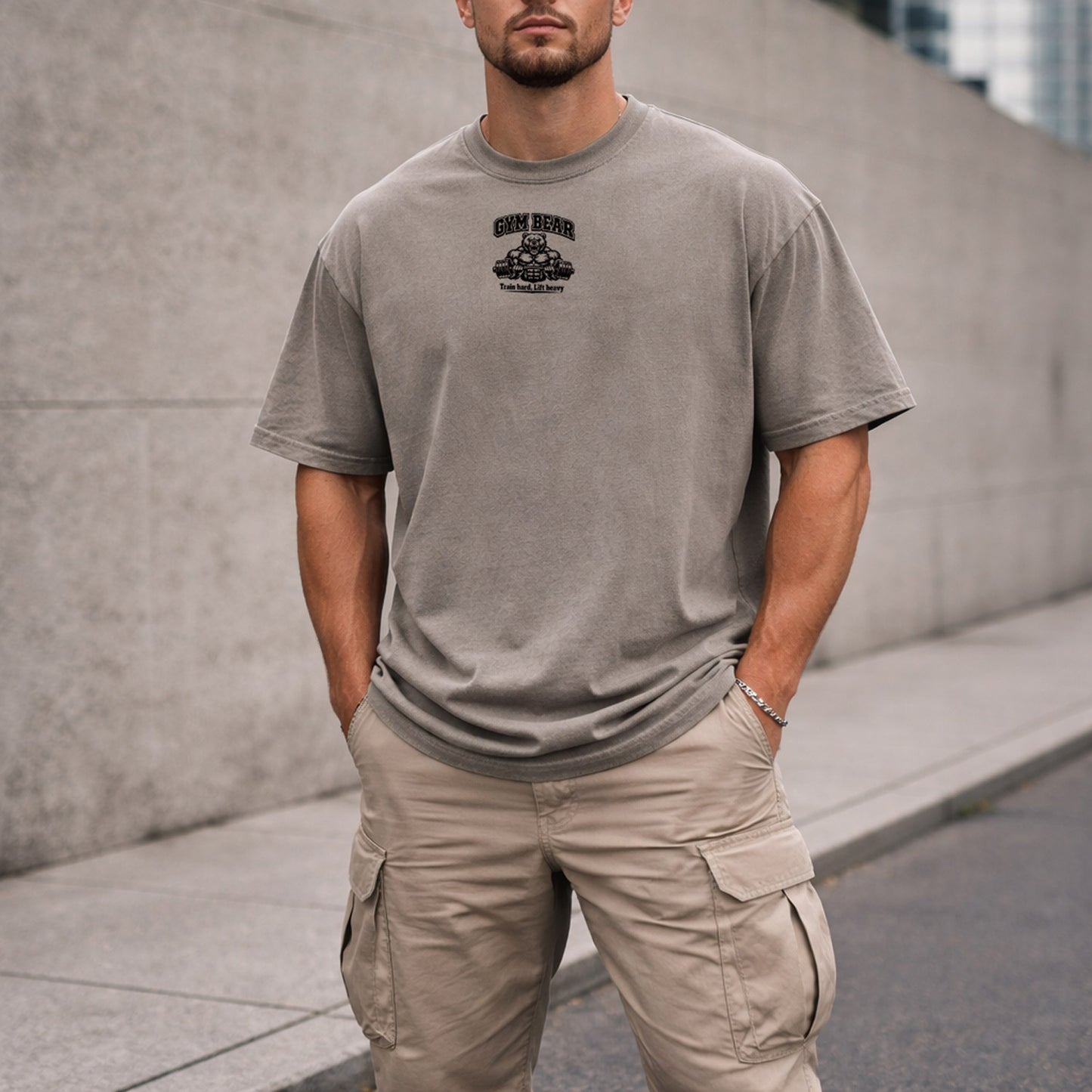 GYM BEAR Heavy Oversized Shirt – Herren Fitness T-Shirt im Acid Washed Look