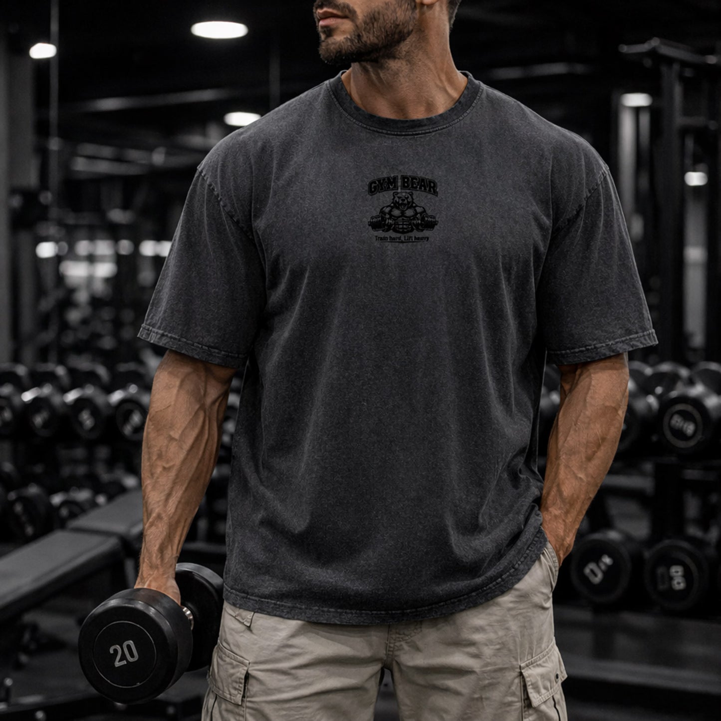 GYM BEAR Heavy Oversized Shirt – Herren Fitness T-Shirt im Acid Washed Look