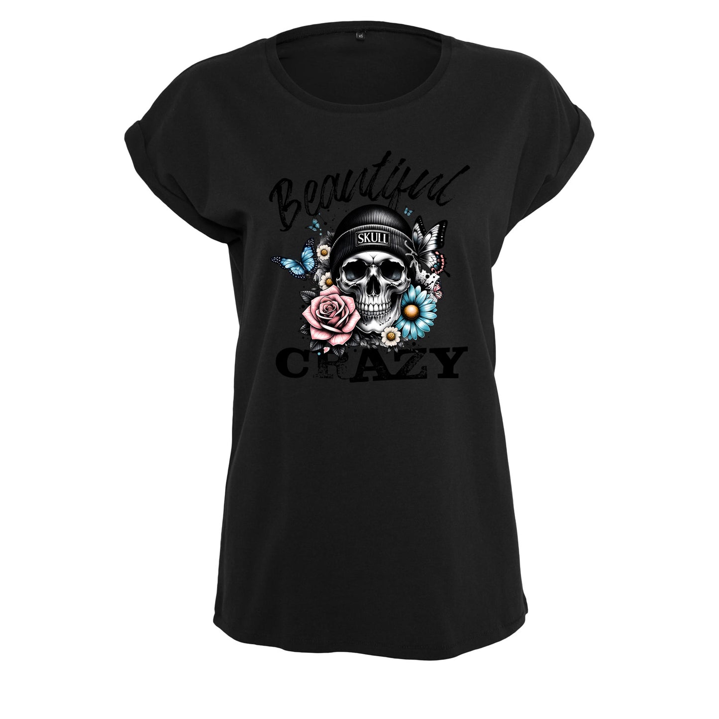 Ladies Extended Shoulder T-Shirt - Beautiful Crazy Skull