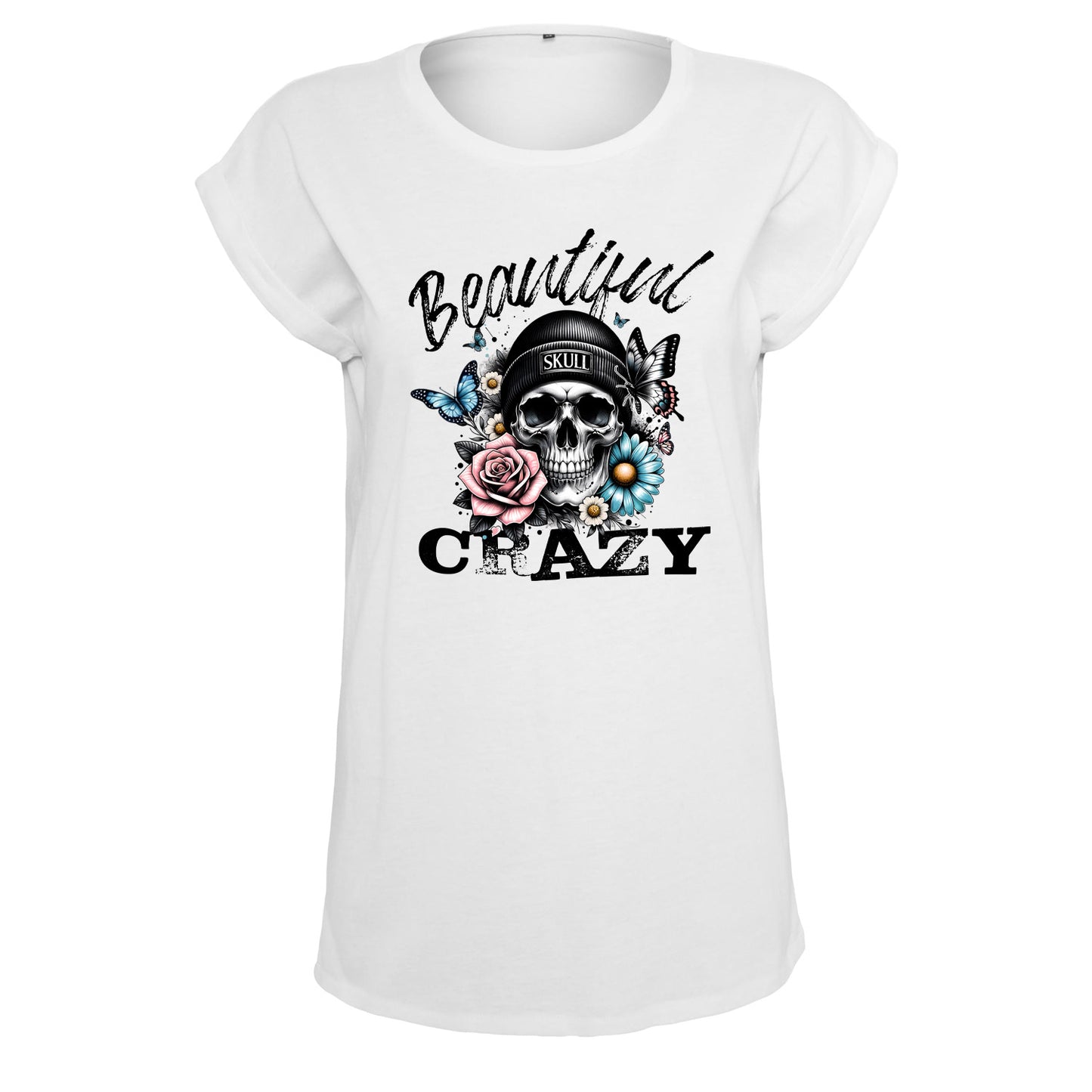 Ladies Extended Shoulder T-Shirt - Beautiful Crazy Skull