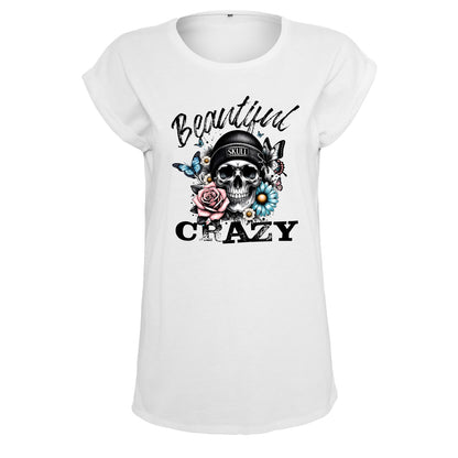Ladies Extended Shoulder T-Shirt - Beautiful Crazy Skull
