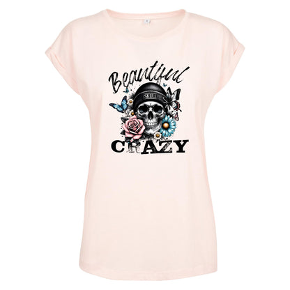 Ladies Extended Shoulder T-Shirt - Beautiful Crazy Skull