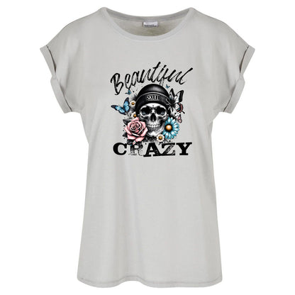 Ladies Extended Shoulder T-Shirt - Beautiful Crazy Skull