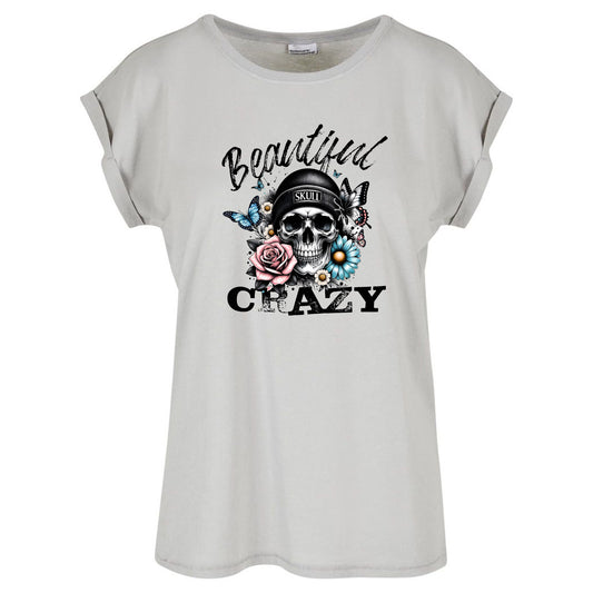 Ladies Extended Shoulder T-Shirt - Beautiful Crazy Skull