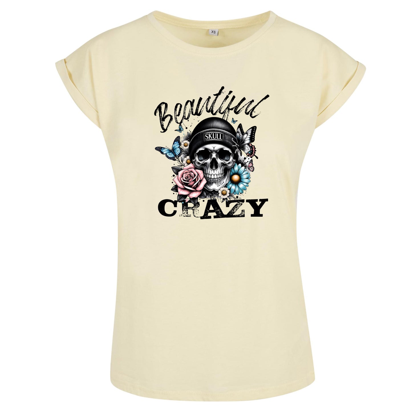 Ladies Extended Shoulder T-Shirt - Beautiful Crazy Skull