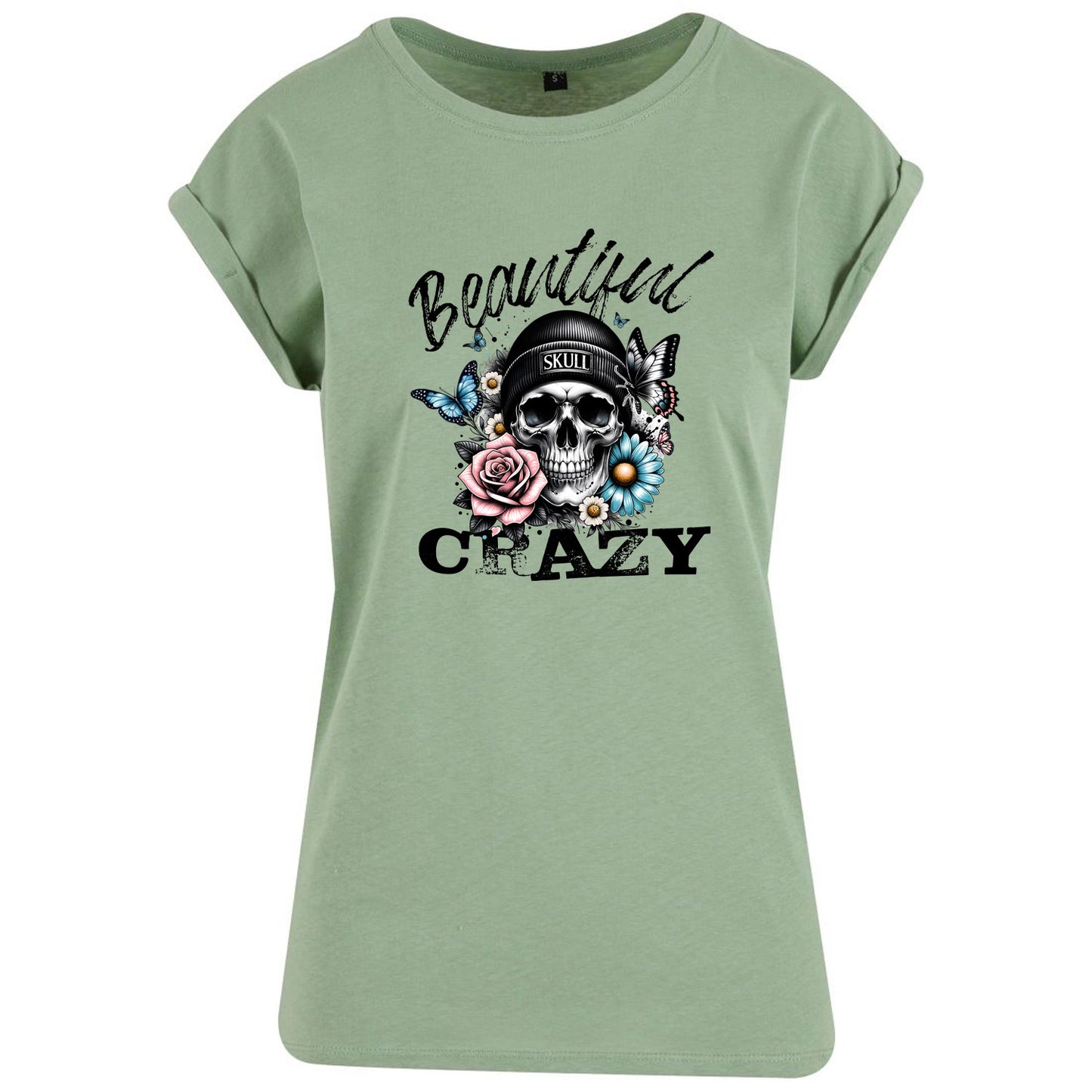 Ladies Extended Shoulder T-Shirt - Beautiful Crazy Skull