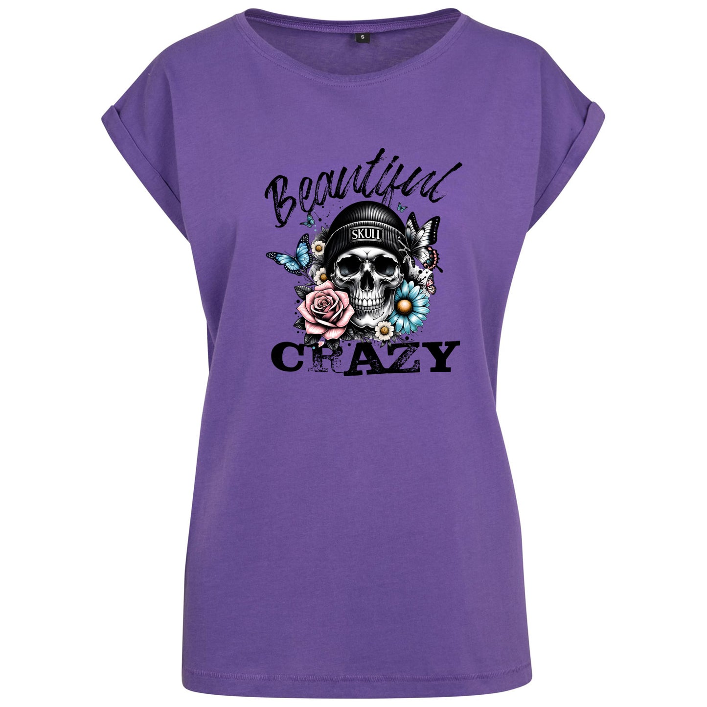 Ladies Extended Shoulder T-Shirt - Beautiful Crazy Skull