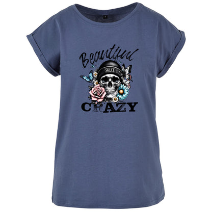 Ladies Extended Shoulder T-Shirt - Beautiful Crazy Skull