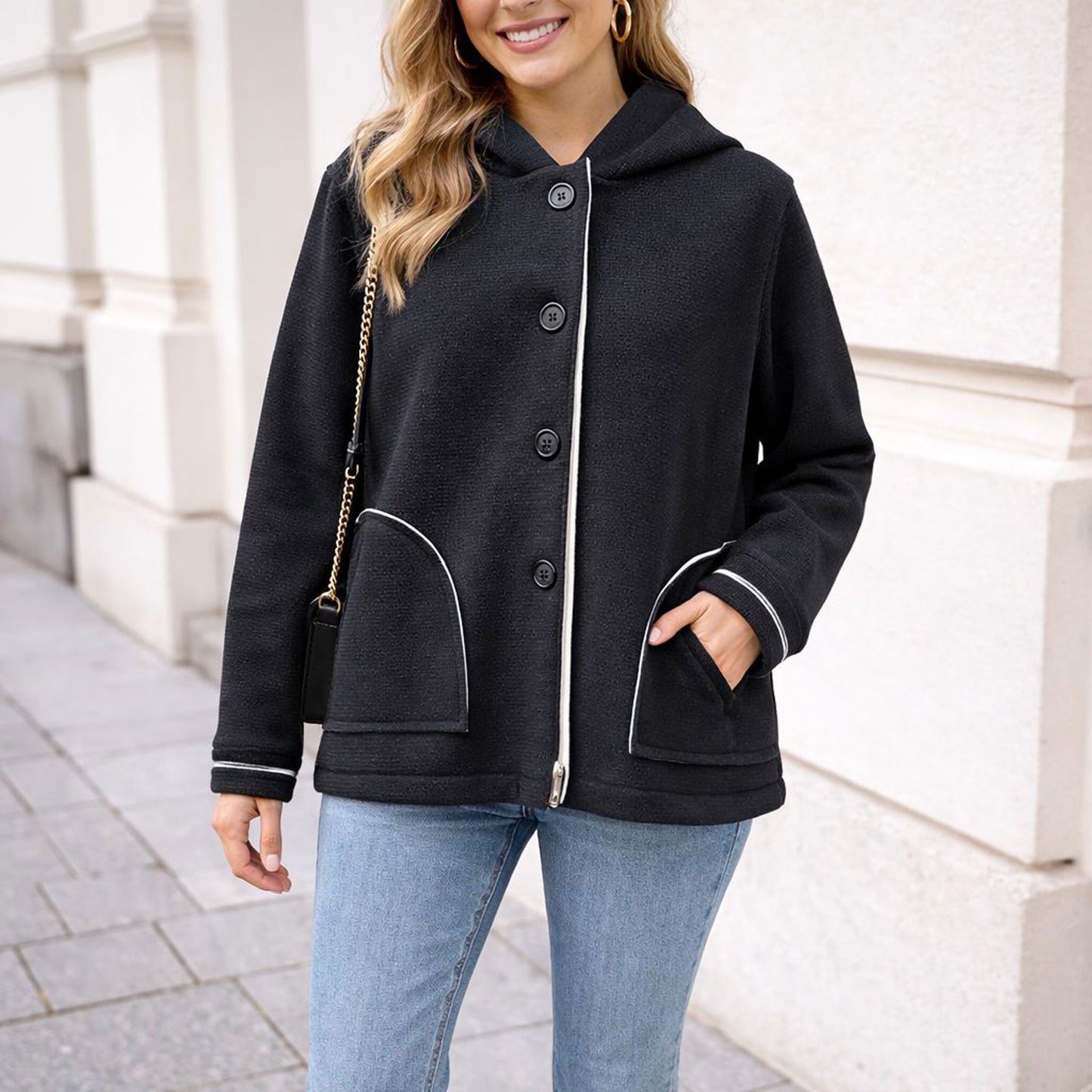 Jacke Stoff Übergangsjacke Schwarz Tragbar bis Größe 42 /44