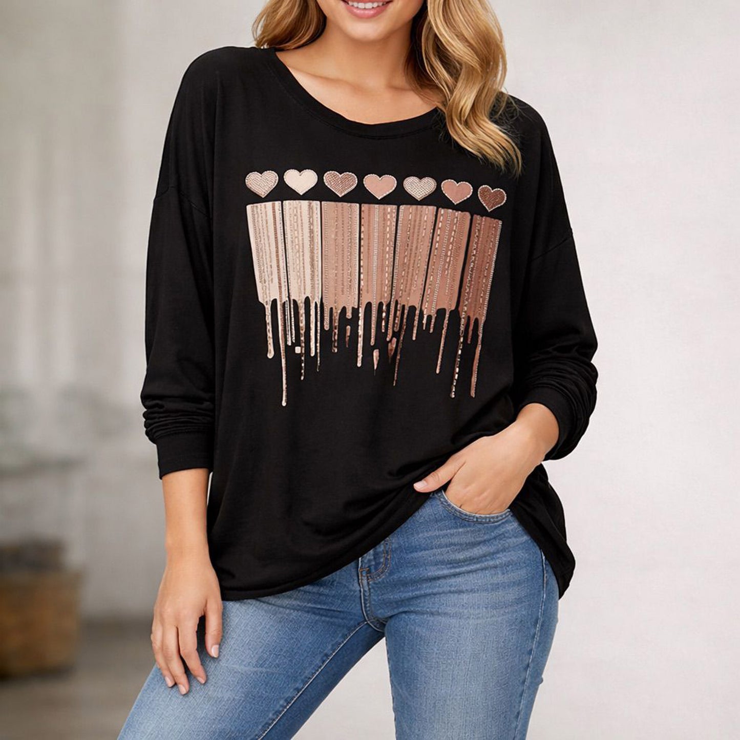 Longhsirt Shirt Herz Verlauf Glitzer Tragbar von Größe 38 -46