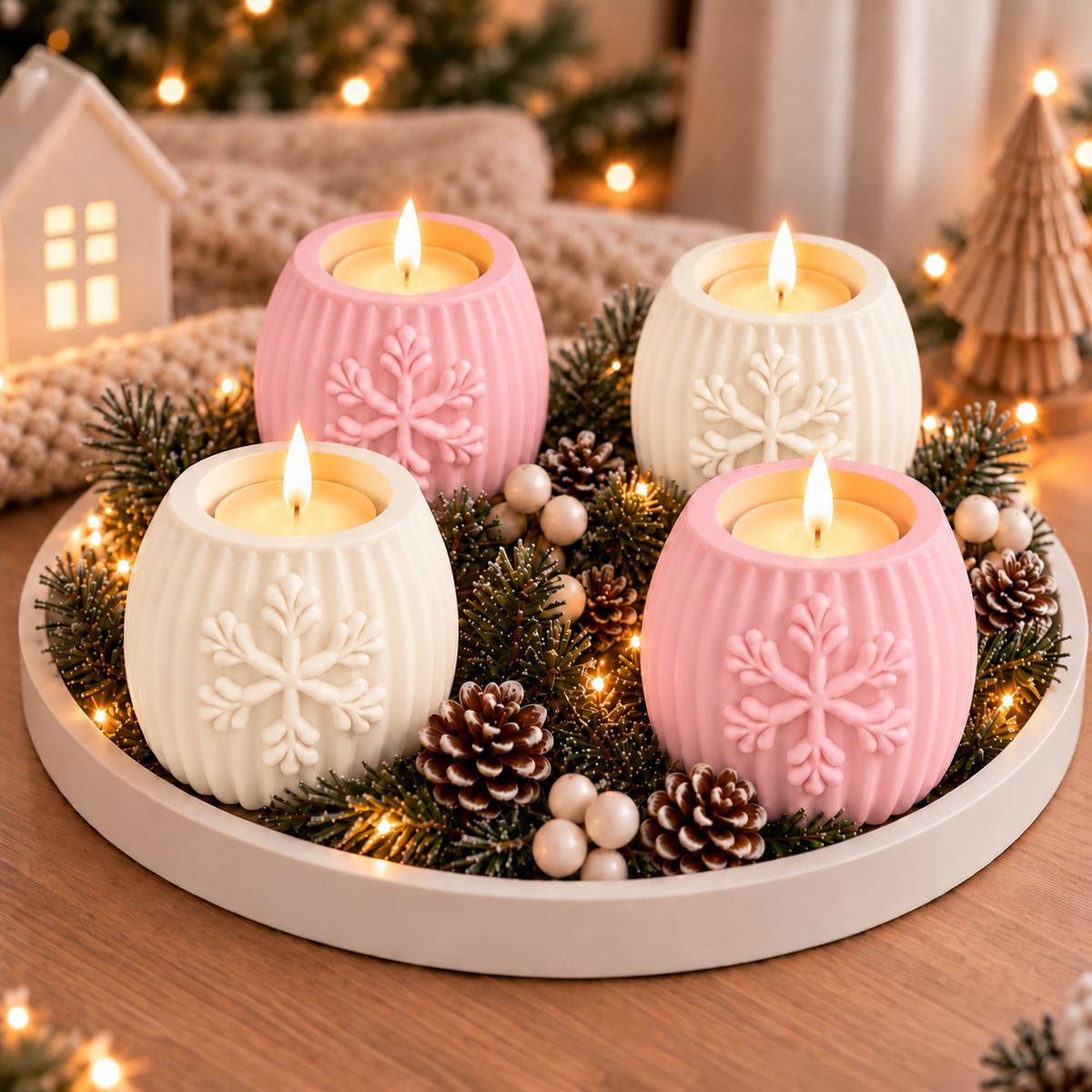 Adventsset Schneeflocke – 4 Stumpenkerzenhüllen & Dekoteller