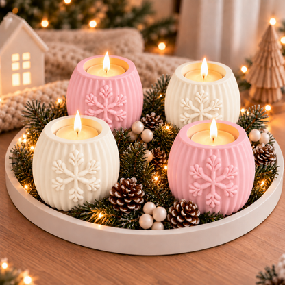 Adventsset Schneeflocke – 4 Stumpenkerzenhüllen & Dekoteller