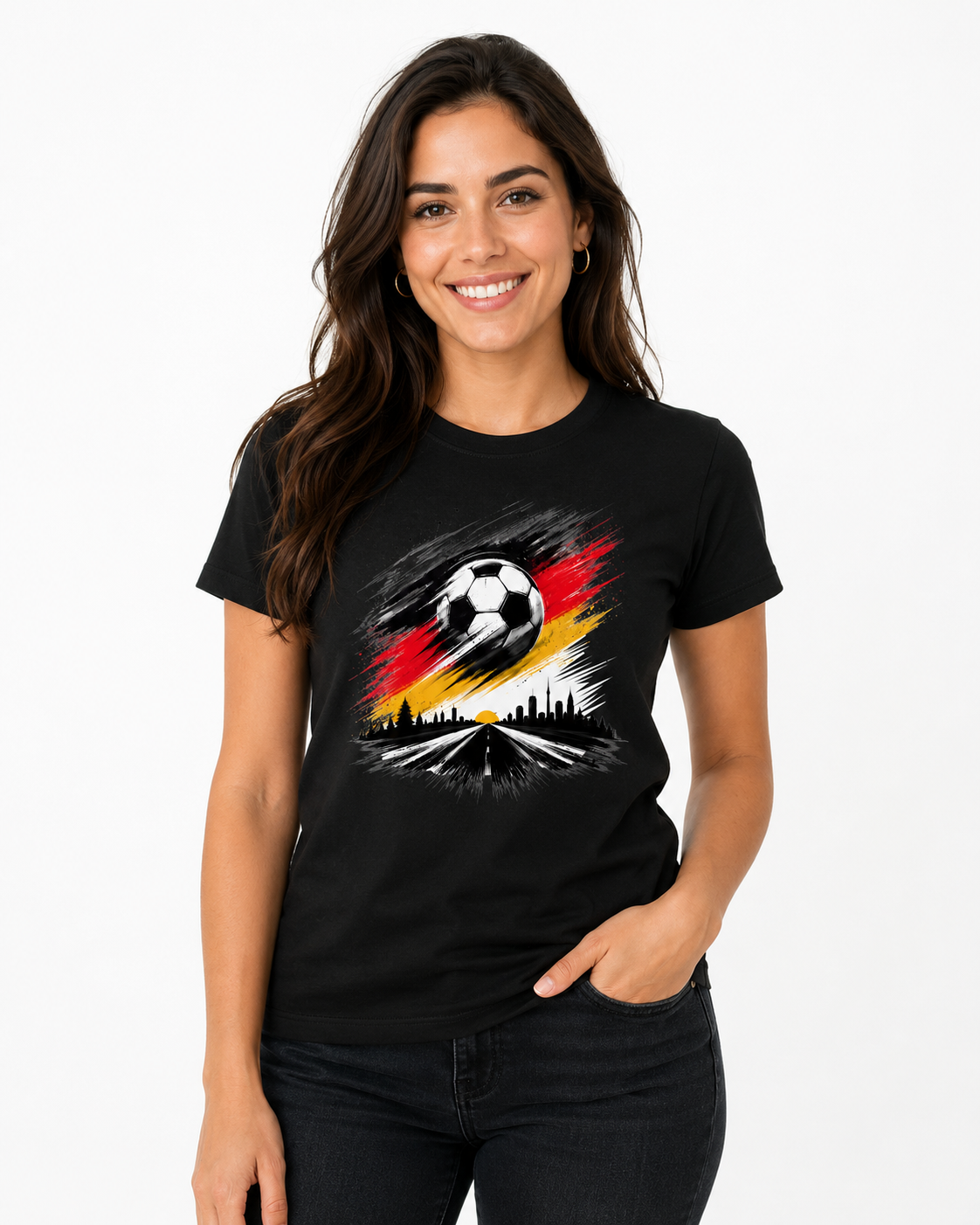 Deutschland T-Shirt Unisex – Fan-Shirt mit Fußball Frontprint in Schwarz-Rot-Gold