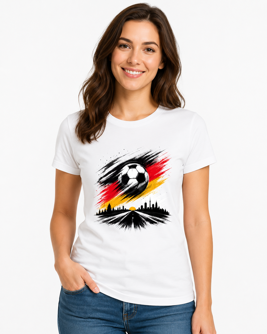Deutschland T-Shirt Unisex – Fan-Shirt mit Fußball Frontprint in Schwarz-Rot-Gold