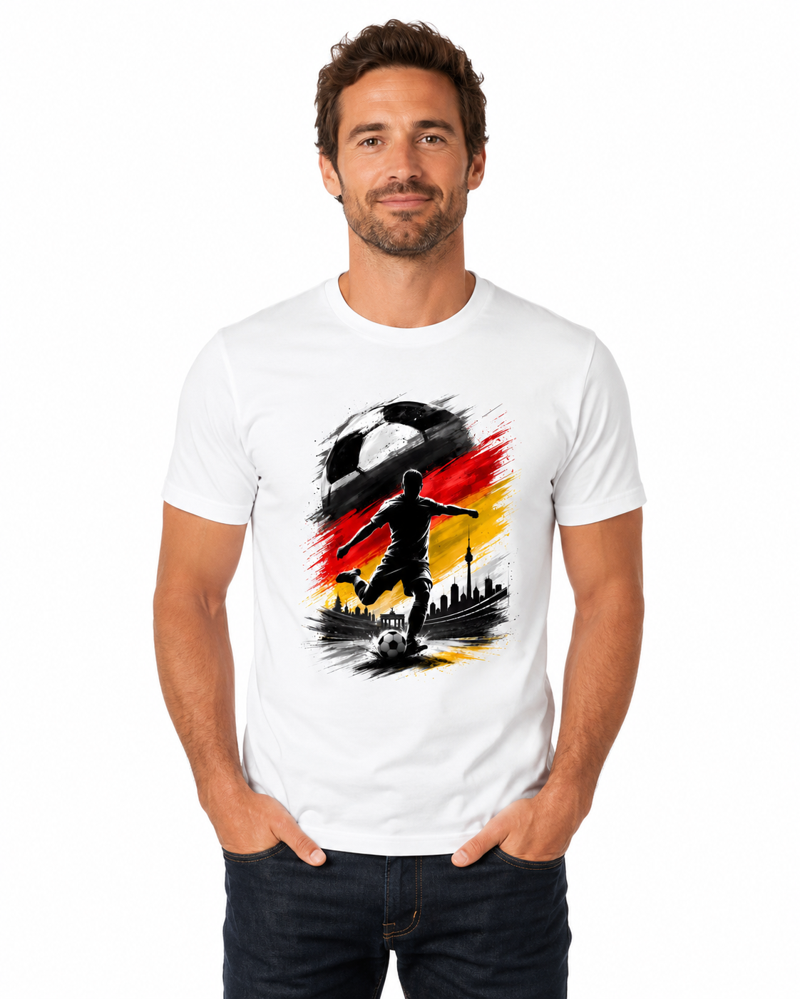 Deutschland T-Shirt Unisex – Fan-Shirt mit Fußball Frontprint in Deutschlandfarben