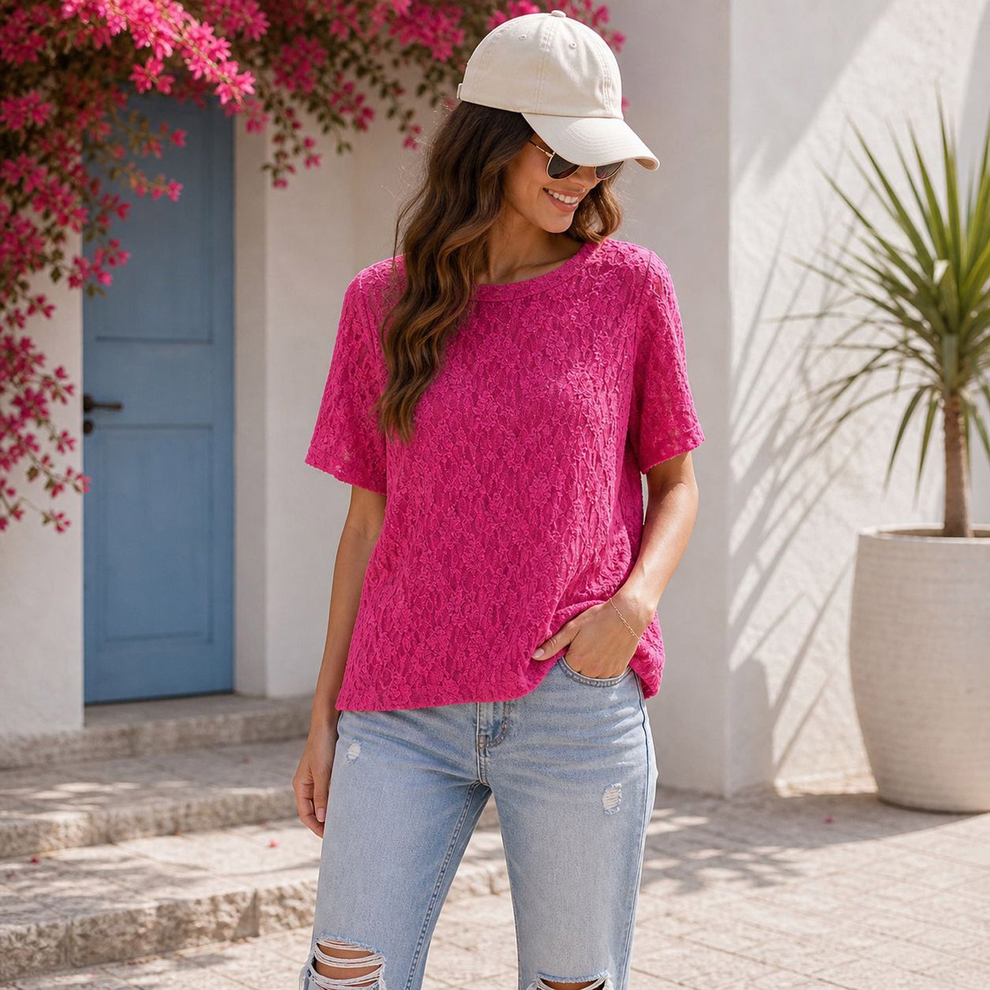Damen Spitzenshirt Größe 40-48 – lockeres Shirt mit Spitze