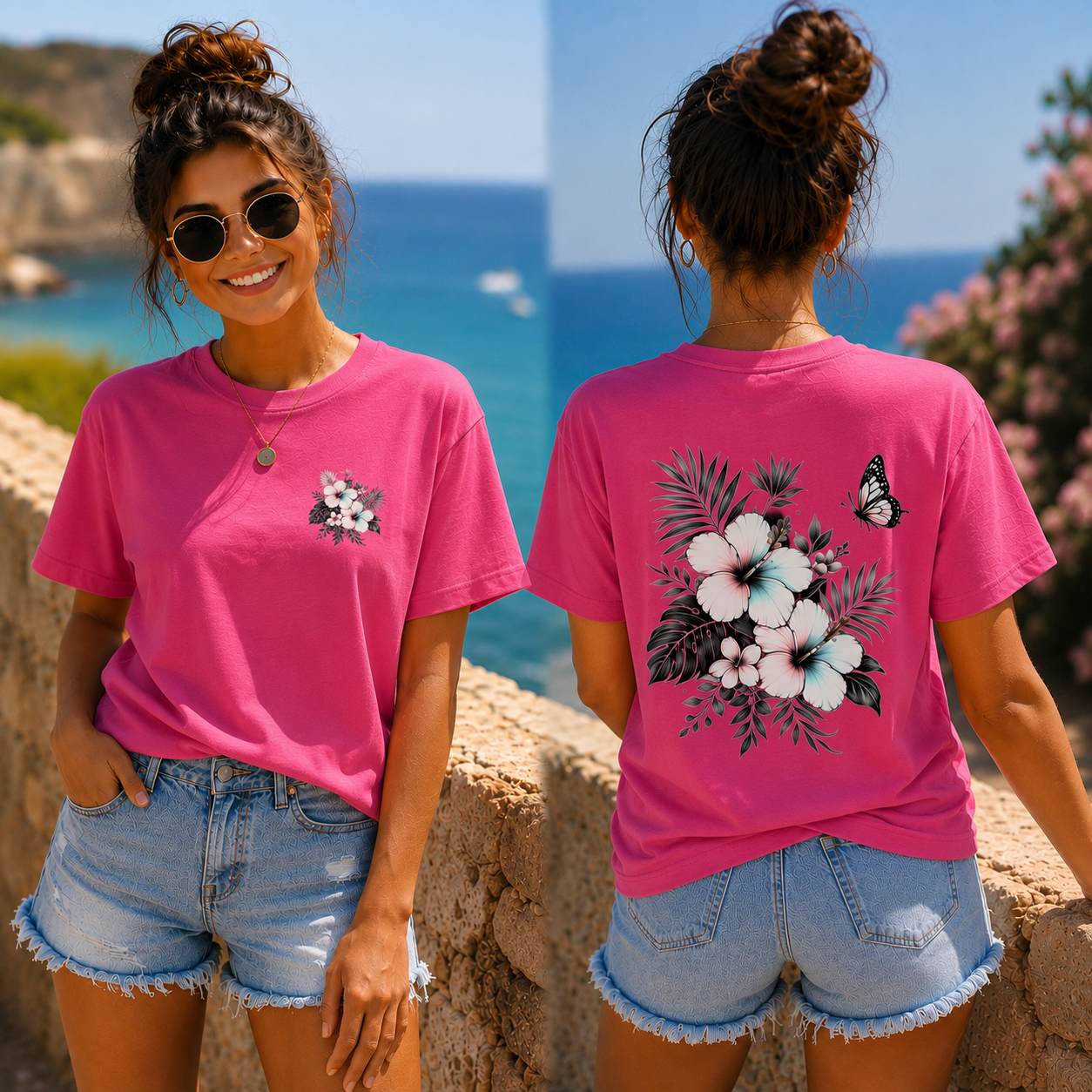 T-Shirt Shirt Sommerfeeling Hibiskus .Frontprint & Backprint | Unisex
