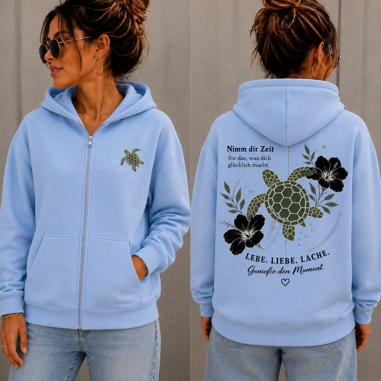 Statement Zip Hoodie Schildkröte Nimm dir Zeit... Frontprint & Backprint | Unisex