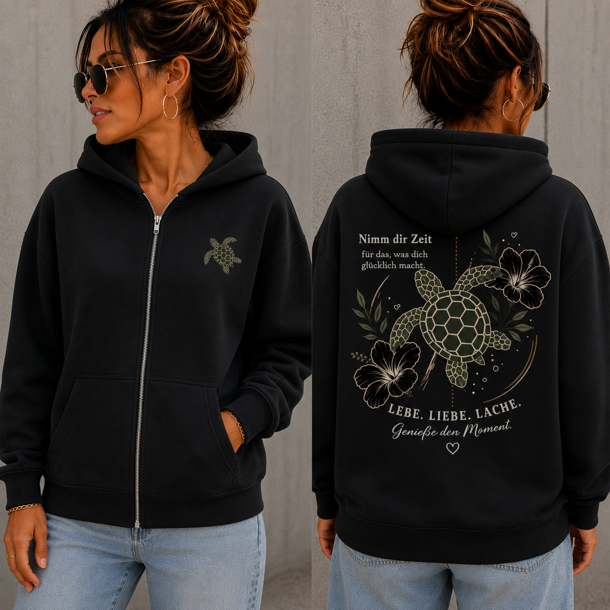 Statement Zip Hoodie Schildkröte Nimm dir Zeit... Frontprint & Backprint | Unisex