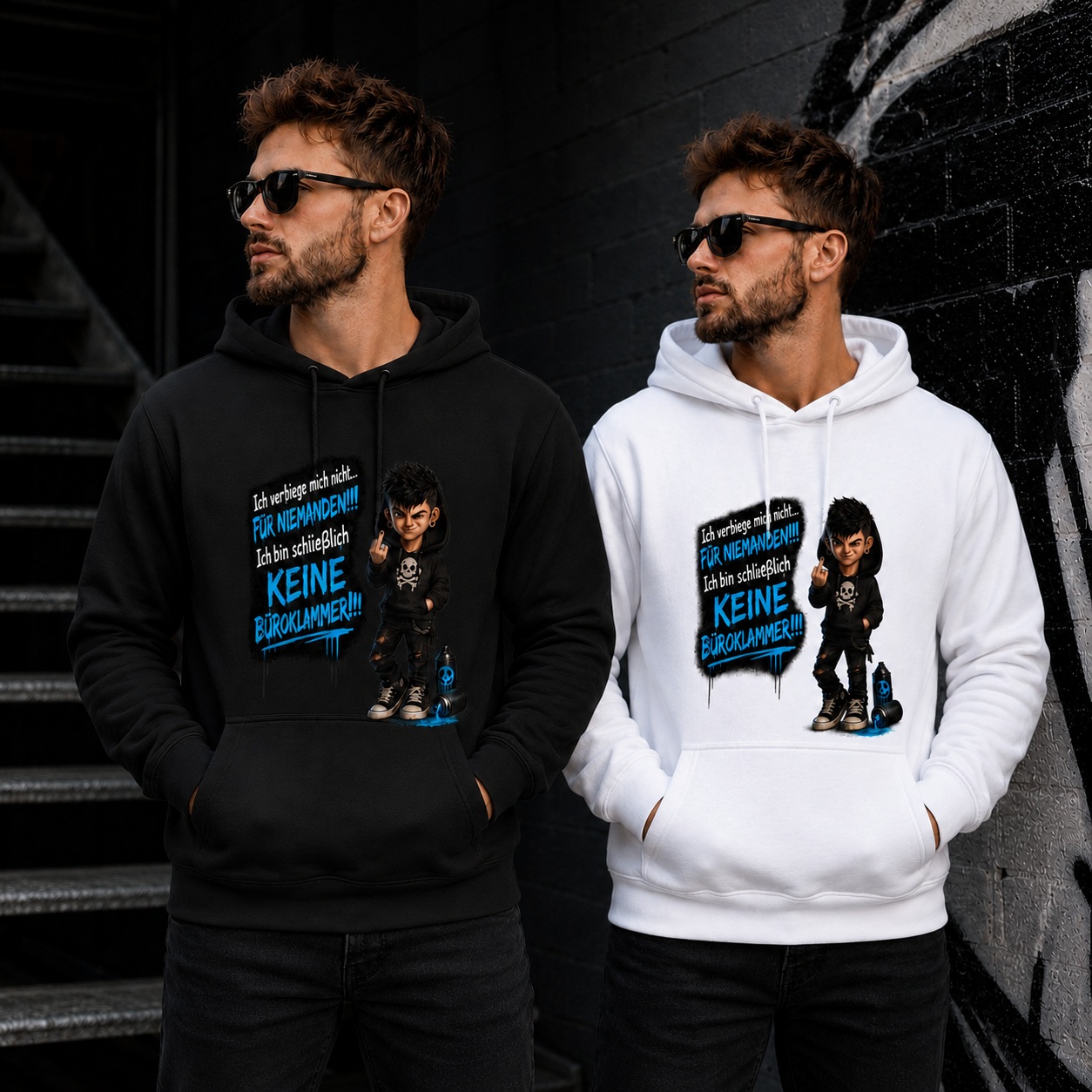 Hoodie Badass Chibi Ich verbiege mich nicht... männlich Frontprint & Backprint | Unisex