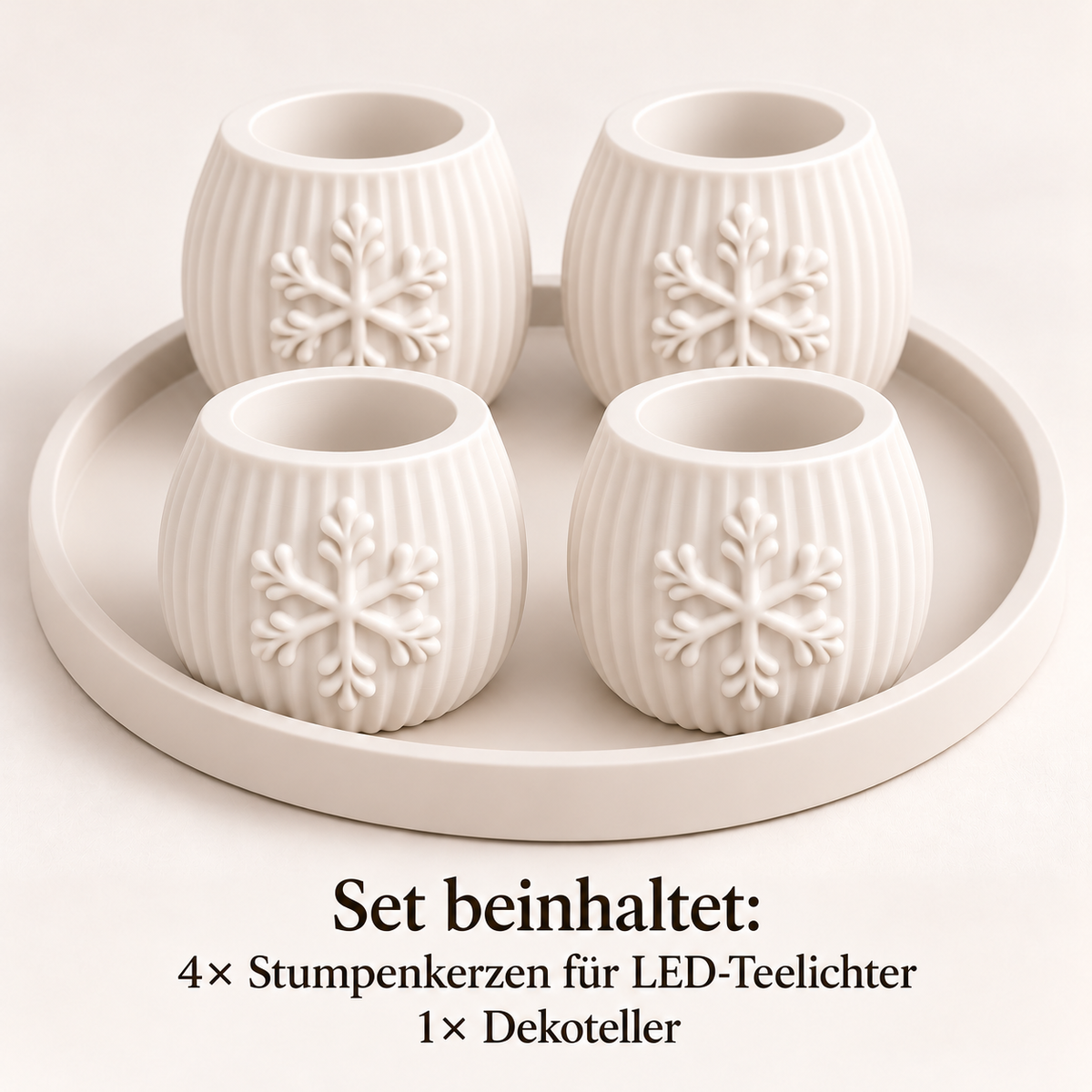 Adventsset Schneeflocke – 4 Stumpenkerzenhüllen & Dekoteller