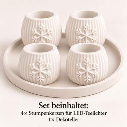 Adventsset Schneeflocke – 4 Stumpenkerzenhüllen & Dekoteller