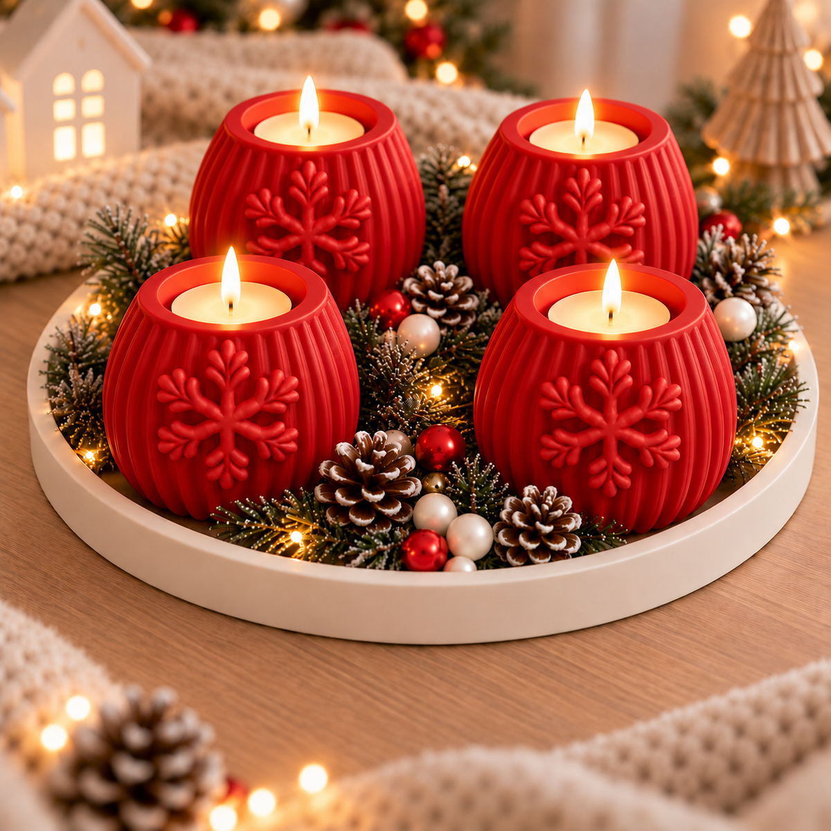 Adventsset Schneeflocke – 4 Stumpenkerzenhüllen & Dekoteller