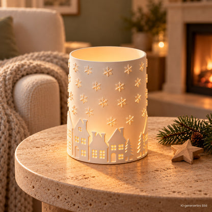 Winter Windlicht mit Winterdorf & Schneeflocken | 3D-Druck