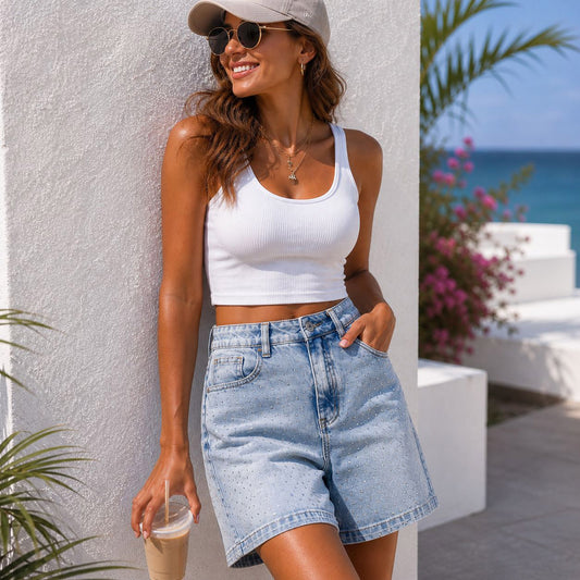 Kurze Jeanshose Damen mit Strasssteinen – Jeansshorts Größe S bis L
