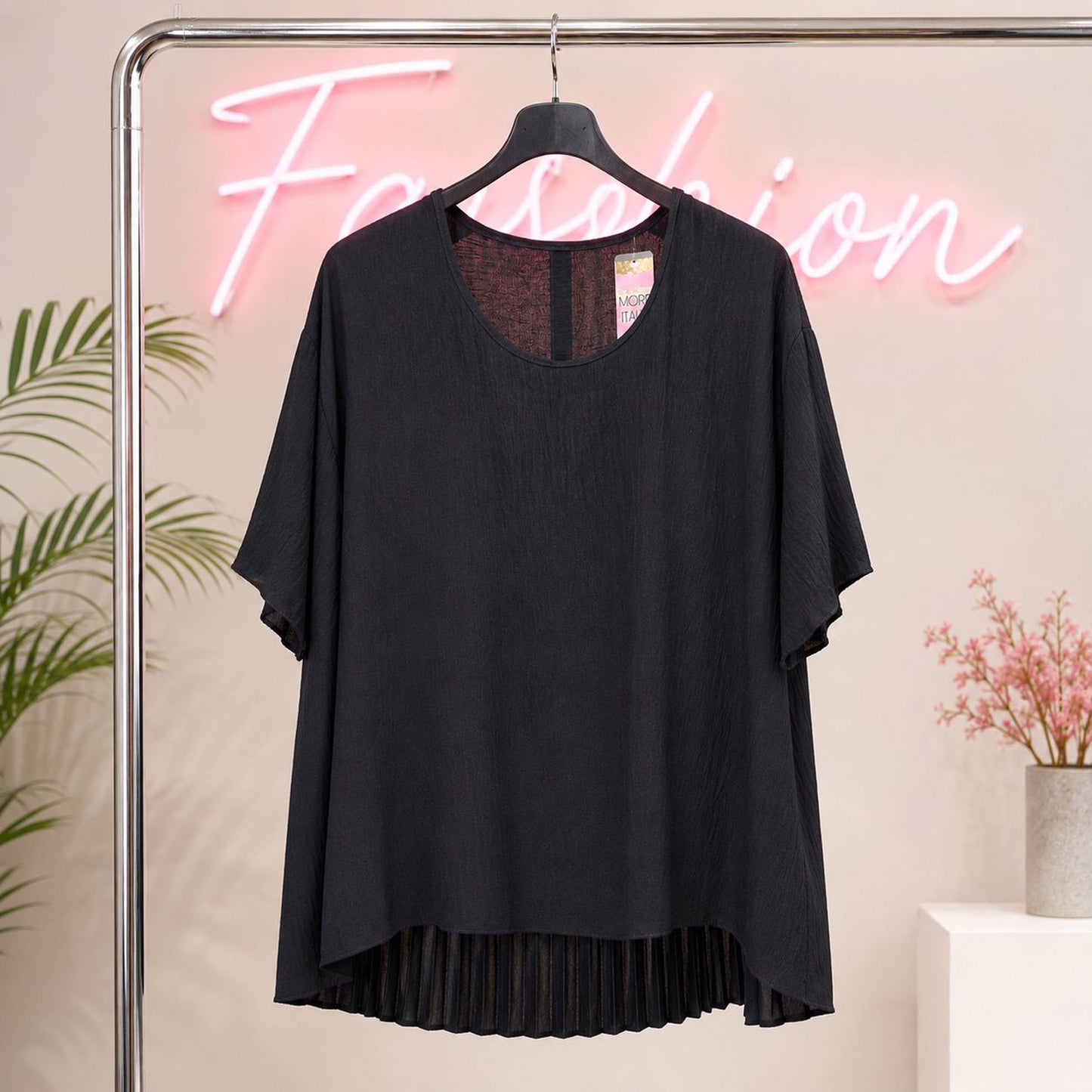 Oversize Tunika-Shirt mit Plissee-Saum Damenshirt Tragbar von 48 - 54/56