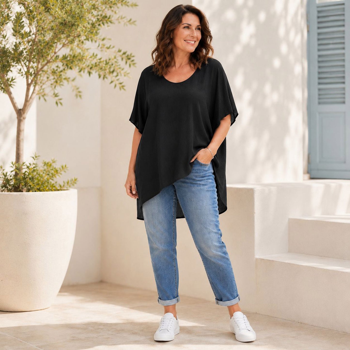Oversize Tunika-Shirt mit Plissee-Saum Damenshirt Tragbar von 48 - 54/56
